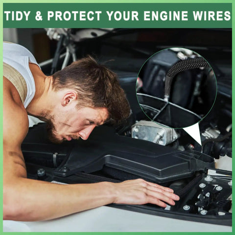 Person using 132 Ft Expandable Braided Cable Sleeve Kit With Four Size Set on car wires for protection