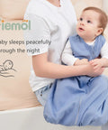Snug Baby Sleep Sack Set 6 to 12 Months Three Pack Hundred Percent Cotton Wearable Blanket Lightweight Half Tog With Durable Double Zipper For Newborns And Infants Cyan shown in use by infant