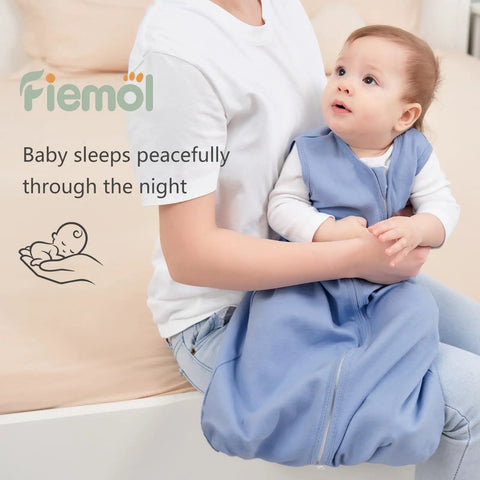 Snug Baby Sleep Sack Set 6 to 12 Months Three Pack Hundred Percent Cotton Wearable Blanket Lightweight Half Tog With Durable Double Zipper For Newborns And Infants Cyan shown in use by infant