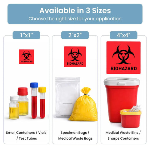 Built Different High Visibility Biohazard Warning Stickers 250 Roll Pack Of Hella Durable Self Adhesive Safety Decals For Medical Labs Clinics And Industrial Sites in 1x1, 2x2, and 4x4 sizes displayed.