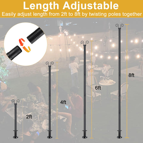 Two Pack 8 Foot Heavy Duty Metal String Light Poles For Outdoor Deck at 2ft, 4ft, 6ft, 8ft heights with people using them