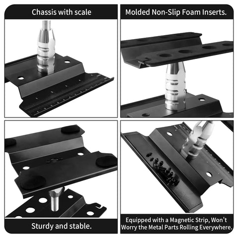 Pro RC Car Work Stand Repair Station with Screws Kit and 17mm Hex Wheel Wrench, featuring 360-degree rotating lift with magnetic strip and non-slip inserts.