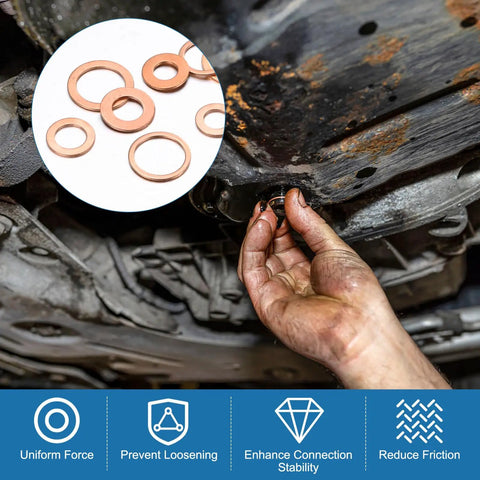 30 Pack Copper Crush Washers M14 Metric Sealing Rings under automotive oil pan, showing installation and sealing. Hands are dirty with oil.