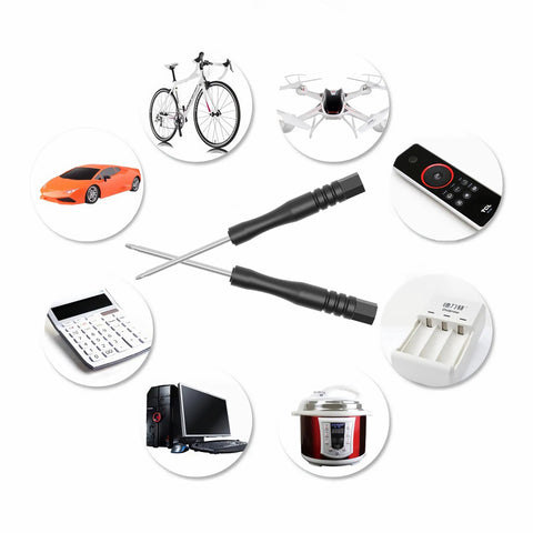 Tri Wing Screwdriver Set 1.5mm Y00 for game console repairs, surrounded by electronics including bike, drone, and computer.