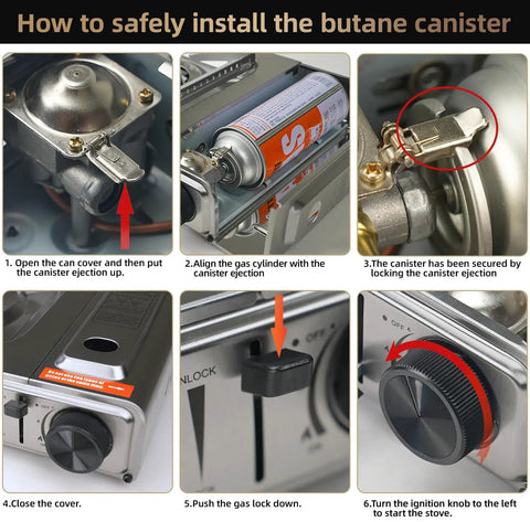 Steps to install butane canister in 10000 BTU Stainless Steel Camp Stove With Wind Blocker Portable Gas Stove For Camping Tailgating And Outdoor Cooking In A Durable Carry Case Fuel Not Included