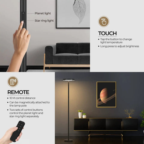 Led Floor Lamp With Rotatable Saturn Ring Design Stepless Dimming From 3000K To 6000K Touch And Remote Control scene