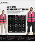 Sizing chart for Dope Bright Pink Hi Vis Reflective Safety Vest With Front Zipper And Radio Mic Loop Lightweight Polyester Workgear.
