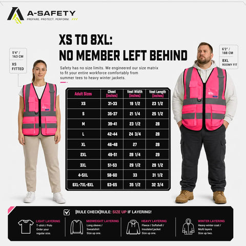 Sizing chart for Dope Bright Pink Hi Vis Reflective Safety Vest With Front Zipper And Radio Mic Loop Lightweight Polyester Workgear.