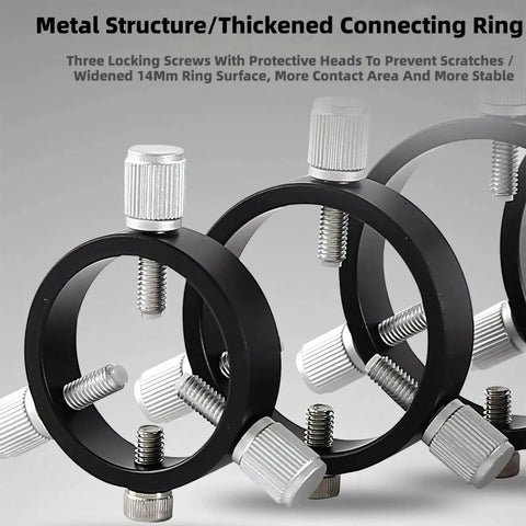 Three Point Astrophotography Guide Rings With Precision Guiding System Pro Grade Lightweight Metal Build shown with locking screws