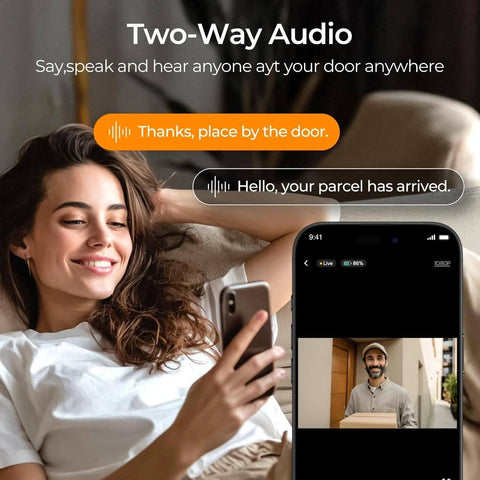 Woman using smartphone with Wireless Doorbell Camera With Chime And Solar Assisted Battery, HDR Smart WiFi Video Doorbell