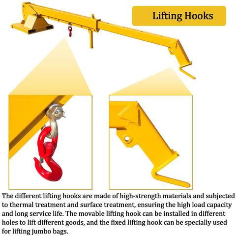 Heavy Duty Forklift Telescopic Boom With Adjustable Tilt And 6600 LBS Rock Solid Mobile Crane Kit showing lifting hooks and features.