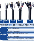 Image showing different sizes of Split Loom Wire Cover for organizing multiple cables, with labels from 1/4 inch to 1 inch.
