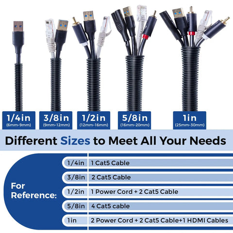 Image showing different sizes of Split Loom Wire Cover for organizing multiple cables, with labels from 1/4 inch to 1 inch.