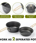 All In One Camping Cookware Gear with pot and frying pan, insulated handles, high-quality aluminum for outdoor cooking.