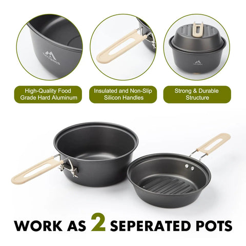 All In One Camping Cookware Gear with pot and frying pan, insulated handles, high-quality aluminum for outdoor cooking.