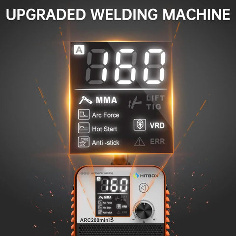 110V Digital Display Stick Welder Beefy 200A Output 60 Percent Duty Cycle Arc Lift TIG Inverter LCD Screen Portable Pro Grade MMA Welder With Hot Start Arc Force VRD And Anti Stick For Steel And Stainless Steel front view with detailed LCD screen