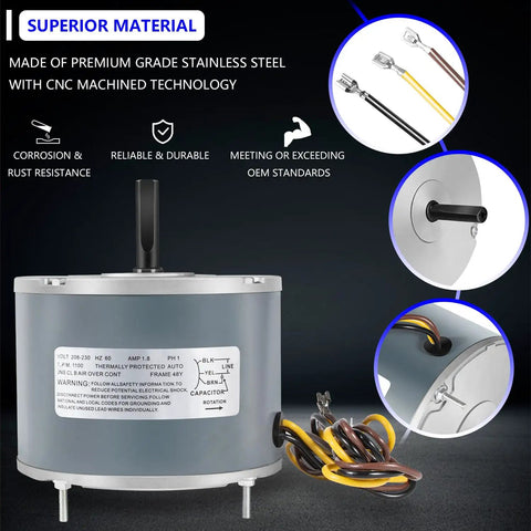 Quarter HP Condenser Fan Motor Replacement For 48 Frame Condenser Units 208 230V 1100 RPM Quiet High Efficiency Upgrade with wiring