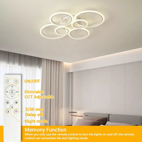 Modern 6 Ring LED Ceiling Light Fixture 29.5 Inch 72W 6000LM 3000K To 6500K Dimmable With Remote Flush Mount Ceiling Light For Bedroom, Kitchen, Living Room, Dining Room White