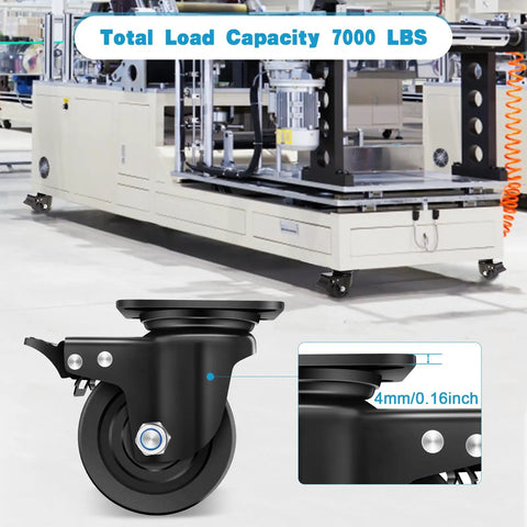 Dead Tough 4 Inch Heavy Duty Casters Set Of 4, 7000 Lbs Load Capacity Swivel Plate Wheels close-up with black nylon wheel.