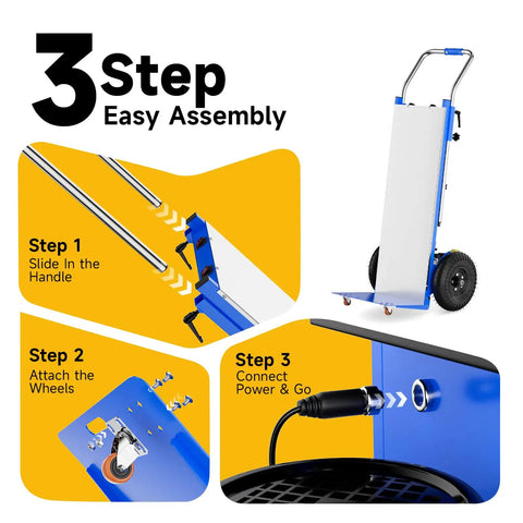 3-step assembly instructions for Powerful Electric Stair Climbing Dolly With Eight Hundred Eighty Pound Capacity.