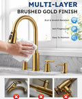 WOWOW 2 Handle Kitchen Faucet 4 Hole with Sprayer and Soap Dispenser, brushed gold finish, easy maintenance, rust resistant design.