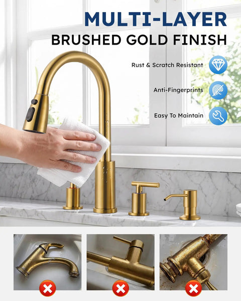 WOWOW 2 Handle Kitchen Faucet 4 Hole with Sprayer and Soap Dispenser, brushed gold finish, easy maintenance, rust resistant design.