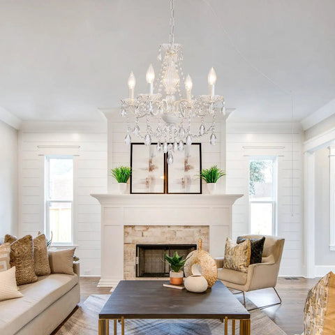 Plug In Crystal Ceramic White Chandelier With Clear Cord And Toggle Switch, Four Light Hanging Pendant Lamp Super Bright For Kitchen Dining Room Foyer Bedroom Instant Glow Up in modern living room.