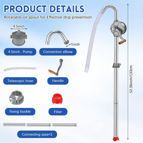 55 Gallon Drum Pump Heavy Duty Aluminum Manual Barrel Pump parts and dimensions for Easy Oil Transfer with Adjustable 5-55 Gal Drums
