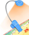 Sky Blue 16 LED Book Light for Kids with Eye Caring Amber Mode clips onto book, ideal for kid-friendly bedtime reading.