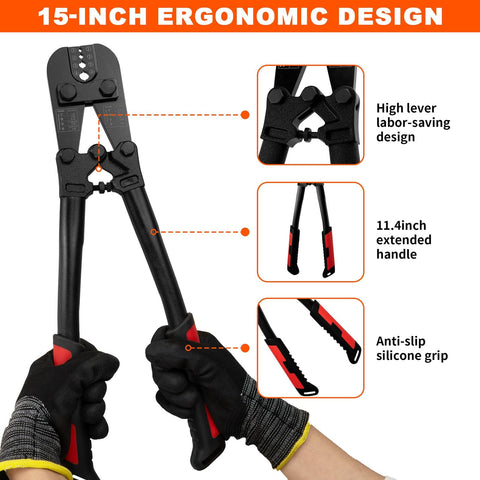 15-Inch ergonomic Pro Grade Wire Rope Crimper Tool Kit With Steel Cable Cutter, shown with high lever design and silicone grip.