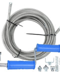 Tough As Nails 32 Foot Drain Snake And Auger Kit, stainless steel flexible coil, includes blue handles and six heavy cutters.
