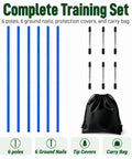 Six Piece Soccer Agility Poles Set For Training with blue poles, steel ground nails, tip covers, and carry bag displayed.