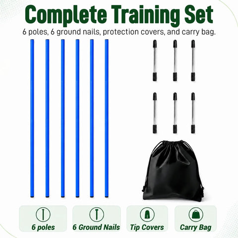 Six Piece Soccer Agility Poles Set For Training with blue poles, steel ground nails, tip covers, and carry bag displayed.