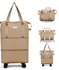 Road Trip Ready Travel Rolling Duffel Bag With Removable Wheels Expandable Foldable Carry On Luggage That Folds Flat For Easy Storage Durable And Lightweight For Quick Trips Or Hospital Stays Khaki, shown upright and compact.