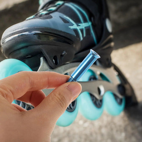 8-Piece Roller Skate Axle Screws Repair Kit Blue Alloy Hardware Set For Inline Skates DIY Ready Pro Grade Replacement Screws And Spacers For Wheels And Bearings, blue axle screw held near inline skate