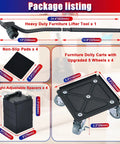 Essential Heavy Duty Furniture Movers Dolly Set package listing includes lifter tool, dollies, non-slip pads, spacers for home moving.