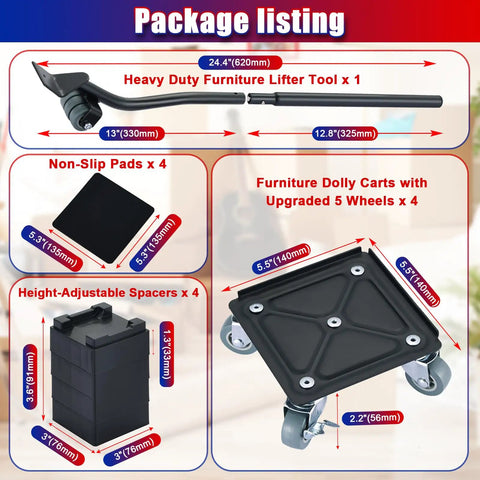 Essential Heavy Duty Furniture Movers Dolly Set package listing includes lifter tool, dollies, non-slip pads, spacers for home moving.