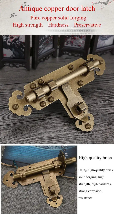 SSWKTCRPZ Solid Brass Door Lock Slide Bolt Gate Latch for Cabinet Window with intricate design and high-quality brass finish.