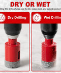 Pro Shop Ready Vacuum Brazed Diamond Hole Saw Kit Contains Eleven Heavy Duty Drill Bits For Tile Concrete Masonry Glass Ceramic Sizes One Quarter To Two Point Five Inches Housed In A Rugged Aluminum Box To Get The Job Done Slick showing dry and wet drilling comparison.