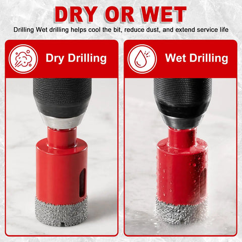 Pro Shop Ready Vacuum Brazed Diamond Hole Saw Kit Contains Eleven Heavy Duty Drill Bits For Tile Concrete Masonry Glass Ceramic Sizes One Quarter To Two Point Five Inches Housed In A Rugged Aluminum Box To Get The Job Done Slick showing dry and wet drilling comparison.