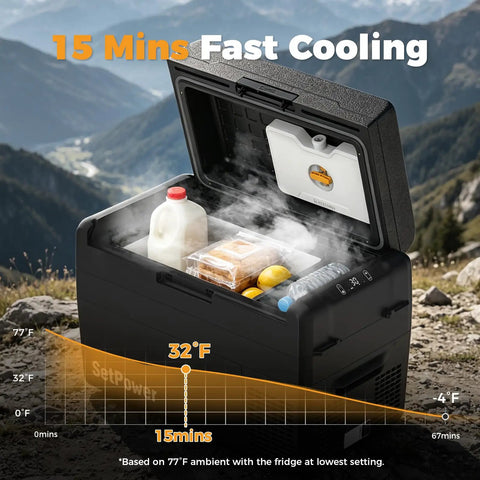 Kickass 34 Quart 12V Refrigerator Stays Bone Cold 24H Portable Car Fridge Total Game Changer For Weekend Rv Adventures Elevates 2 Liter Bottles Upright with fast cooling feature.