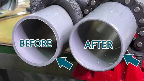 Before and after image of pipes using 2 In 1 Inner Outer Deburring Tool For PVC CPVC PP PE PEX ABS Copper Aluminum Plumbing Bevel Edges.