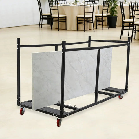 Heavy Duty Folding Table Cart For Easy Transport And Storage Hauls Up To 10 Tables With Locking Casters, Smooth Rolling, Ideal For Banquet Halls, Schools, And Events, Durable On The Go Mobile Solution For Staff, black metal cart with marble folding tables