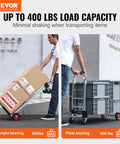 VEVOR aluminum folding hand truck, 2-in-1 design; left lifts a box, right shows a platform cart with crates.