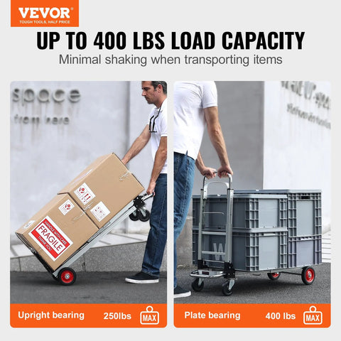 VEVOR aluminum folding hand truck, 2-in-1 design; left lifts a box, right shows a platform cart with crates.