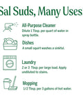 Sal Suds Biodegradable All Purpose Cleaner Concentrate usage instructions for cleaning different surfaces and laundry.