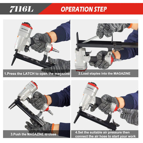 Step-by-step operation instructions for Heavy Duty Pneumatic Upholstery Stapler With 2 Inch Long Nose For Tight Corners 22 Gauge