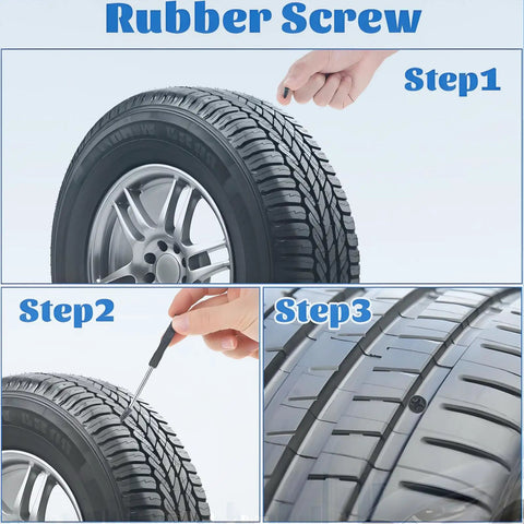Steps for using 30 Pcs Tire Repair Nails Self Tapping Screws Rubber Screws on a car tire showing insertion process.