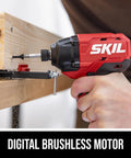 20 Volt Brushless Cordless Impact Driver Kit Including Quick Charge Battery, Quarter Inch Hex Collet, Built In Led Work Light, Straight Up Heavy Duty Workhorse For Serious Diy And Pro Construction Projects drilling into wood.