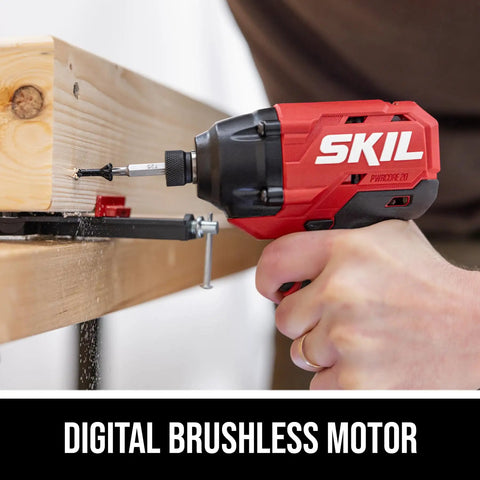 20 Volt Brushless Cordless Impact Driver Kit Including Quick Charge Battery, Quarter Inch Hex Collet, Built In Led Work Light, Straight Up Heavy Duty Workhorse For Serious Diy And Pro Construction Projects drilling into wood.